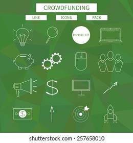 Flat line icons set of crowd funding service, investing platform for creative project, development of small business, startup model and community ideas. Modern design style vector illustration concept