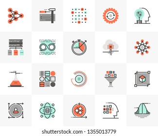 Flat line icons set of data science technology, machine learning. Unique color flat design pictogram with outline elements. Premium quality vector graphics concept for web, logo, branding, infographic