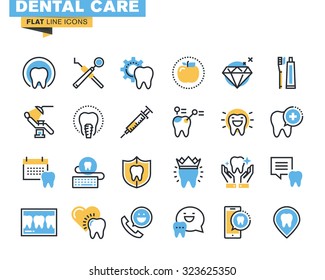 Flat line icons set of dental care theme, dental services, equipment and products, dental treatment and prosthetics. Vector concept for graphic and web design.
