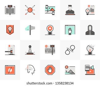 Flat line icons set of digital copyright law for online content. Unique color flat design pictogram with outline elements. Premium quality vector graphics concept for web, logo, branding, infographics