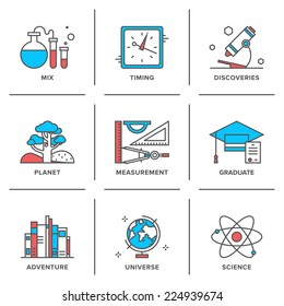 Flat line icons set of discovery new things, school measurement items, science and chemistry, planet adventure, planet geography. Modern trend design style vector concept. Isolated on white background