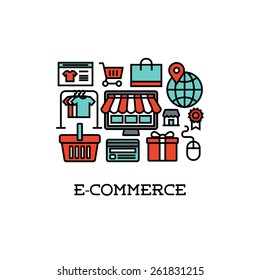 Flat line icons set of e-commerce. Creative design elements