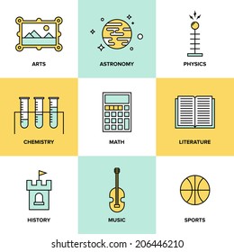 Flat line icons set of education main subjects, schooling symbol and learning elements, studying and educational objects. Flat design style modern vector illustration concept.