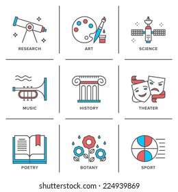 Flat line icons set of education main subjects, schooling symbol and learning elements, studying and educational objects. Modern trend design style vector concept. Isolated on white background. svg