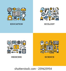 Linha plana ícones conjunto de educação, ecologia, medicina, ciência. Elementos de design criativo