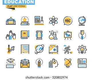 Flat line icons set of education process, online learning, e-book, webinar audio course, distance education, basic and elementary study, science, creative process, university and courses.