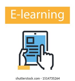 Flat line icons set of e-learning, distance education, online training and courses, cloud solutions for education, video tutorials, staff training, digital library, knowledge for all. - Vektör