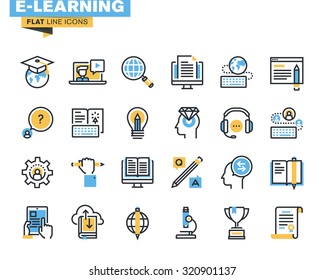 Flat Line Icons Set Of E-learning, Distance Education, Online Training And Courses, Cloud Solutions For Education, Video Tutorials, Staff Training, Digital Library, Knowledge For All.