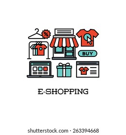 Flat line icons set of e-shopping. Creative design elements for websites, mobile apps and printed materials