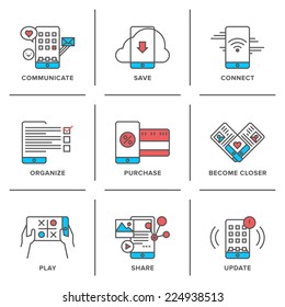 Flat line icons set of everyday smartphone apps using, lifestyle mobile communication, online store shopping, software update. Modern trend design style vector concept. Isolated on white background.