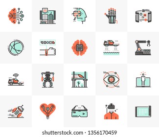 Flat line icons set of future technology, artificial intelligence. Unique color flat design pictogram, outline elements. Premium quality vector graphics concept for web, logo, branding, infographics.