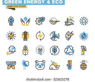 Flat line icons set of green technology, ecology, renewable energy, environment, natural life, nature protection. Vector concept for graphic and web design.