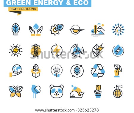 Flat line icons set of green technology, ecology, renewable energy, environment, natural life, nature protection. Vector concept for graphic and web design.