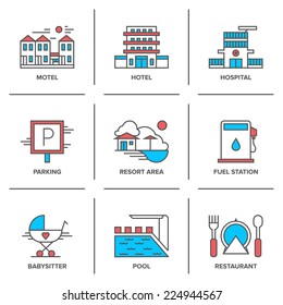 Flat line icons set of hotel resort area, motel building, parking sign, swimming pool, fuel station, restaurant food serving. Modern trend design style vector concept. Isolated on white background.