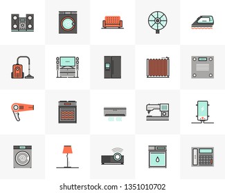 Flat line icons set of household appliances, home electronics. Unique color flat design pictogram with outline elements. Premium quality vector graphics concept for web, logo, branding, infographics.
