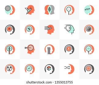 Flat line icons set of human personality, mind thinking process. Unique color flat design pictogram with outline elements. Premium quality vector graphics concept for web, logo, branding, infographics