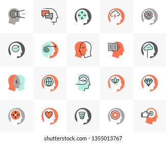 Flat line icons set of human mental process, emotional intelligence. Unique color flat design pictogram, outline elements. Premium quality vector graphics concept for web, logo, branding, infographics