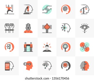 Flat line icons set of human relation problem, character feature. Unique color flat design pictogram with outline elements. Premium quality vector graphics concept for web, logo, branding, infographic