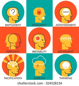 Flat line icons set, human emotions icons. Modern vector pictogram collection concept. Icons design.