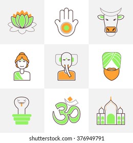 Flat line icons set of Indian woman, Ganesha, Man in turban, Taj Mahal, Blown lotus, Khamsa, Holy Cow, Om, Snake in pot.