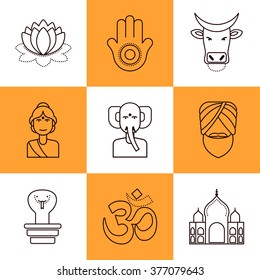 Flat line icons set of Indian woman, Ganesha, Man in turban, Taj Mahal, Blown lotus, Khamsa, Holy Cow, Om, Snake in pot. 