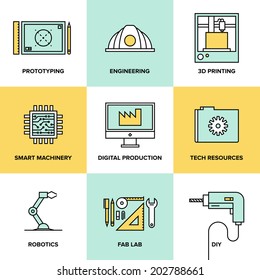 Flat line icons set of industrial technology and digital production, 3D modeling and prototype printing, robotics construction system. Modern design style vector illustration concept.