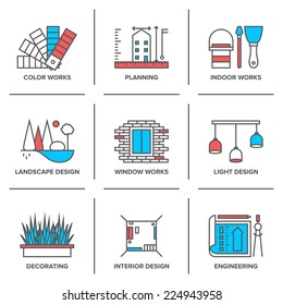 Flat Line Icons Set Of Interior Design Work, Landscape And House Decoration, Construction Planning, Engineering Project. Modern Trend Design Style Vector Concept. Isolated On White Background.