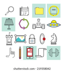 Flat line icons set of magnifier, ?alendar, folder, book, lamp, infinity, racer, UFO, tower, painting, lock, wedding ring, finger, pencil, app, paper, dumbbell 