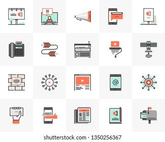 Flat line icons set of media communication, advertising service. Unique color flat design pictogram with outline elements. Premium quality vector graphics concept for web, logo, branding, infographics