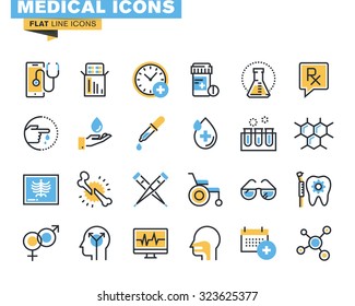 Flat line icons set of medical supplies, healthcare diagnosis and treatment, laboratory tests, medicines and equipment. Vector concept for graphic and web design.