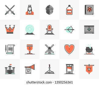 Flat line icons set of medieval culture, royal kingdom elements. Unique color flat design pictogram with outline elements. Premium quality vector graphics concept for web, logo, branding, infographics