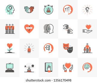 Flat line icons set of mental wellness, best friends society. Unique color flat design pictogram with outline elements. Premium quality vector graphics concept for web, logo, branding, infographics.