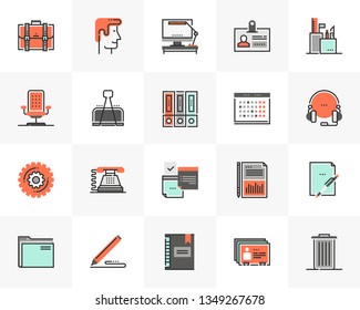 Flat line icons set of modern office stationery, business tools. Unique color flat design pictogram with outline elements. Premium quality vector graphics concept for web, logo, branding, infographics