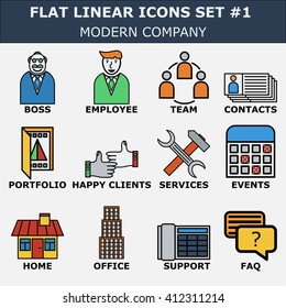 Flat line icons set of modern company, professional occupation, company consulting, people communication and deal agreement. Modern trend design style vector concept. Isolated on white background.