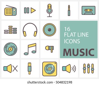 Flat line icons set of Music, vector illustration