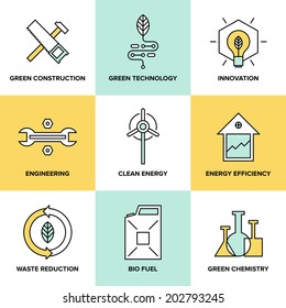 Flat line icons set of natural renewable and clean energy, green technology innovation and chemistry, bio fuel and waste reduction efficiency. Modern design style vector illustration symbol collection