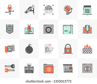 Flat line icons set of network data protection, cybersecurity. Unique color flat design pictogram with outline elements. Premium quality vector graphics concept for web, logo, branding, infographics.