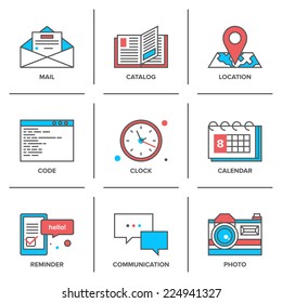 Flat line icons set of office objects, business items, working elements, desk supplies, everyday equipment. Modern trend design style vector concept. Isolated on white background.