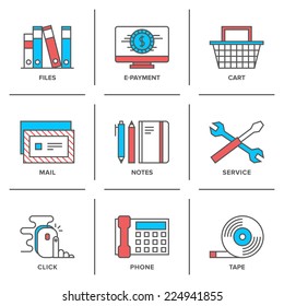 Flat line icons set of office routine objects, online shopping items, business desk supplies, service tools and equipment. Modern trend design style vector concept. Isolated on white background.