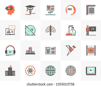 Flat line icons set of online school education, web study course. Unique color flat design pictogram with outline elements. Premium quality vector graphics concept for web, logo, branding, infographic