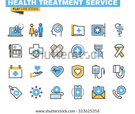 Flat line icons set of online medical support, family health care, health insurance, pharmacy, medical services. Vector concept for graphic and web design.