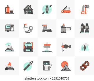 Flat line icons set of outdoor recreation trip, mountain hiking. Unique color flat design pictogram with outline elements. Premium quality vector graphics concept for web, logo, branding, infographics