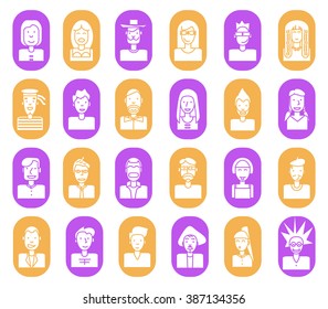 Flat line icons set of people , social network, social media, different age man and woman characters, professional human occupation.