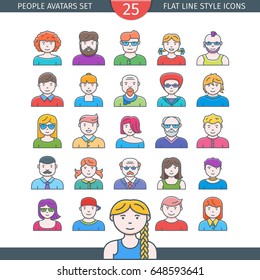 Flat line icons set of people avatars. Different age man and woman characters. Use for profile page, social network, social media.