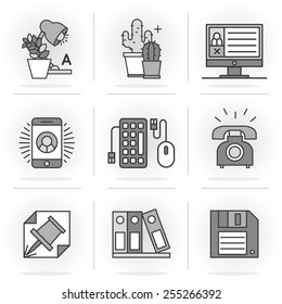 Flat Line Icons Set. Personal account and environment, desktop, office. Isolated Objects in a Modern Style for Your Design