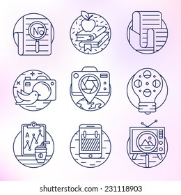 Flat line icons set . Photo, picture, book, letter, news, messages, capture, calendar, organizer, television, search.