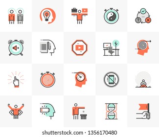 Flat line icons set of proactive personality, productive workflow. Unique color flat design pictogram, outline elements. Premium quality vector graphics concept for web, logo, branding, infographics.