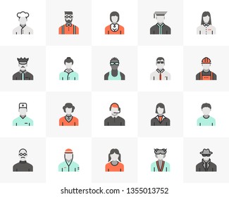 Flat line icons set of profession avatars, human resource employee. Unique color flat design pictogram, outline elements. Premium quality vector graphics concept for web, logo, branding, infographics.