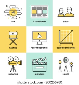 Flat line icons set of professional film production, movie shooting, studio showreel, actors casting, storyboard writing and post production. Flat design style modern vector illustration concept.
