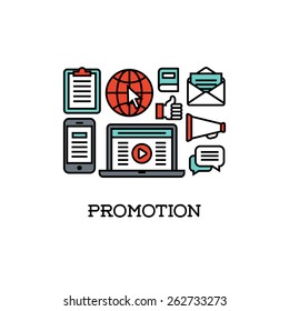 Flat line icons set of promotion. Creative design elements